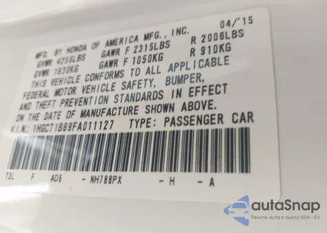 2015 Honda Accord Ex-L from USA, damaged, VIN 1HGCT1B89FA011127